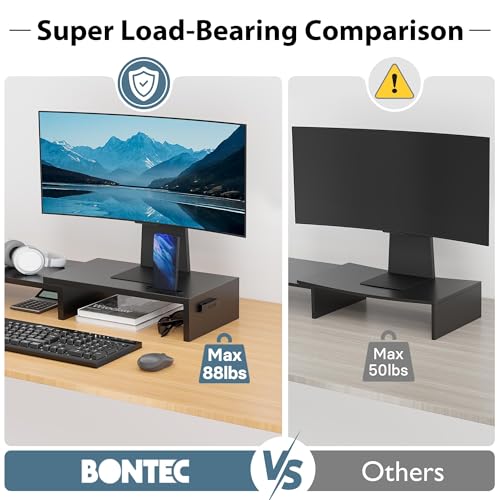 Dual Monitor Stand Riser with Smartphone Holder, Adjustable Wooden Desk Organizer B984