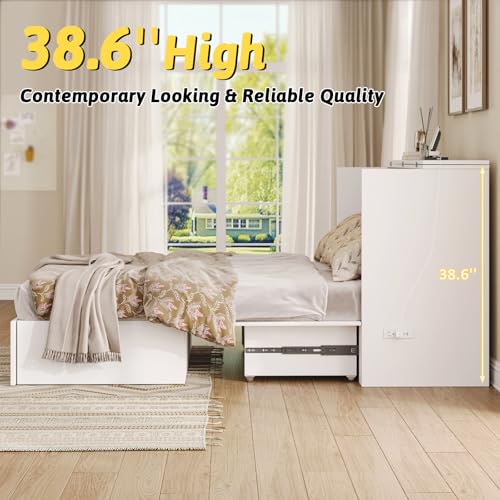 Murphy Bed with Storage & Charging Station, Foldable Panel, Distressed White C449393
