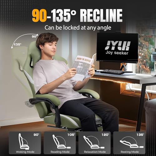 Gaming Chair Ergonomic Office Chair with Foot Rest, Breathable Fabric Computer Chair with Headrest and Lumbar Support O7023
