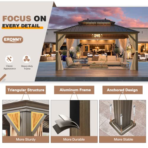 12x20 ft Hardtop Gazebo Double Roof Galvanized Steel Canopy Outdoor Aluminum Frame with Netting and Curtains X191579