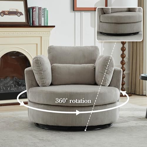 Oversized Swivel Barrel Chair with Ottoman, Chenille, Beige M813
