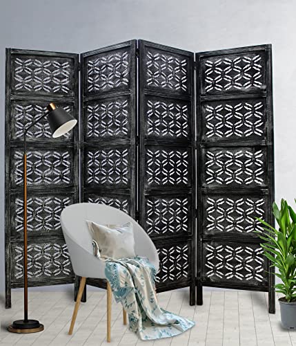 4 Panel Folding Wood Room Divider, Antique Brown, 72 x 80 P209