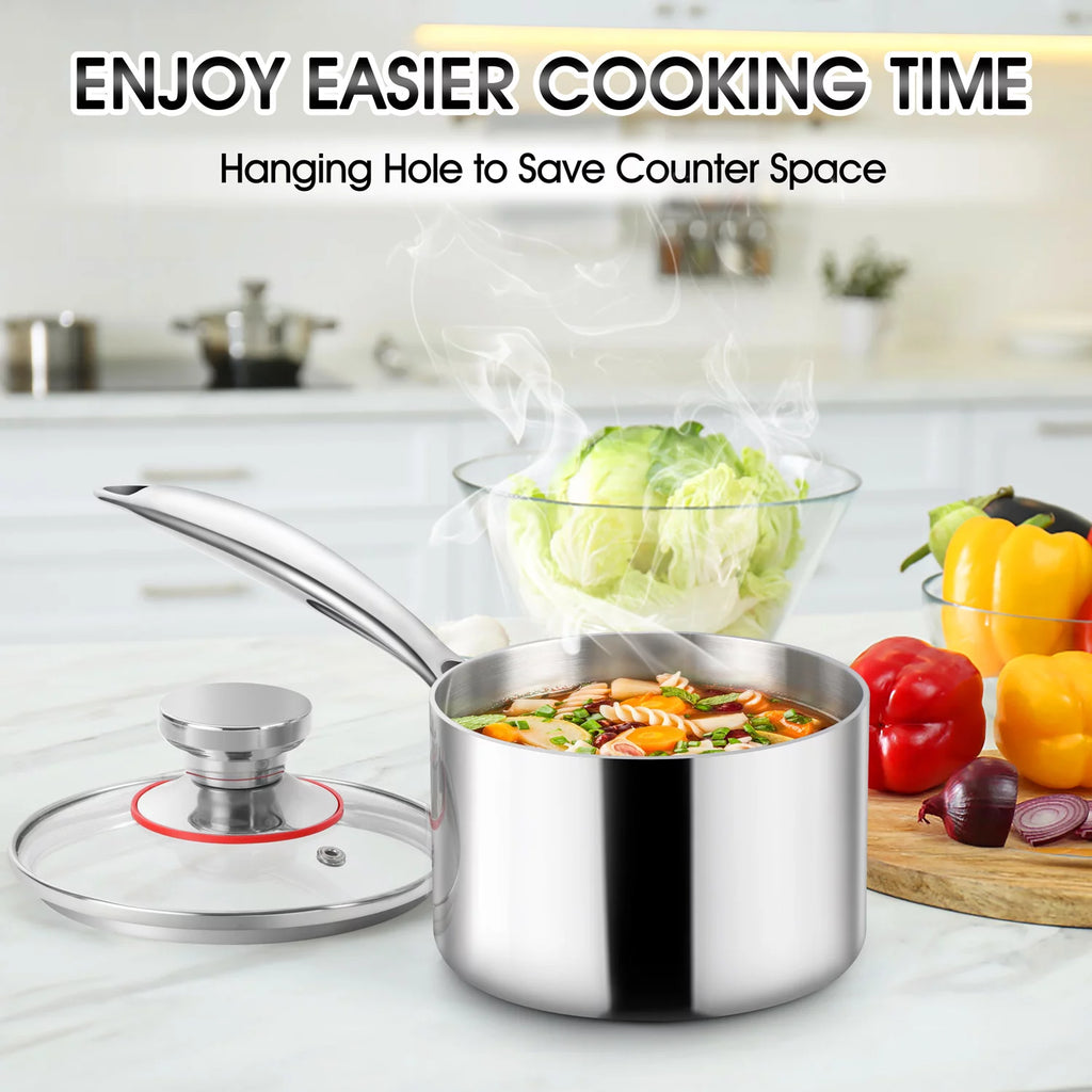 2 Quart Saucepan with Glass Lid, Tri-Ply Stainless Steel Milk Pan M7582