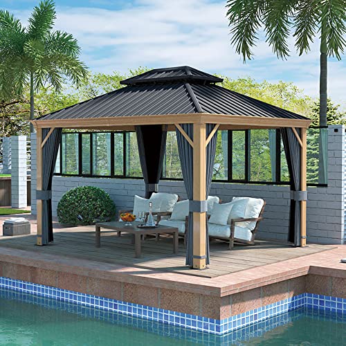 10 x 12 ft Hardtop Gazebo with Netting and Curtains for Patio, Deck, Backyard X60892