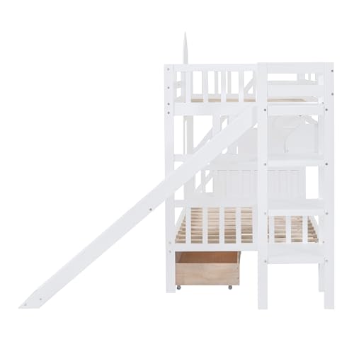 Twin Over Twin Bunk Bed with Stairs and Slide, Solid Wood Frame with Storage B8483