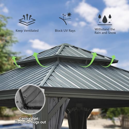 10 x 10 ft Hardtop Gazebo with Netting and Curtains, Galvanized Steel Roof for Patio K80436