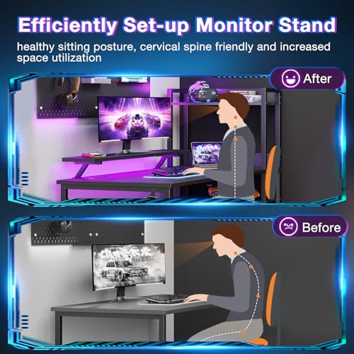 Reversible Gaming Desk with USB Charging Port and LED Lights, 40 Inch Computer Desk with Storage Shelves M571