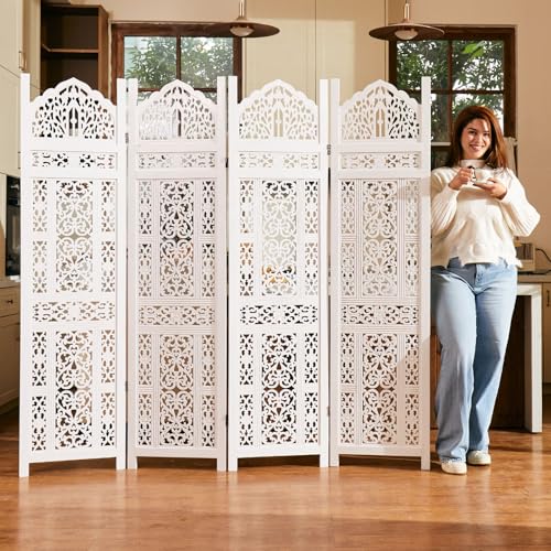 Wood Carved Room Divider 4 Panel Folding Partition Screen X503933