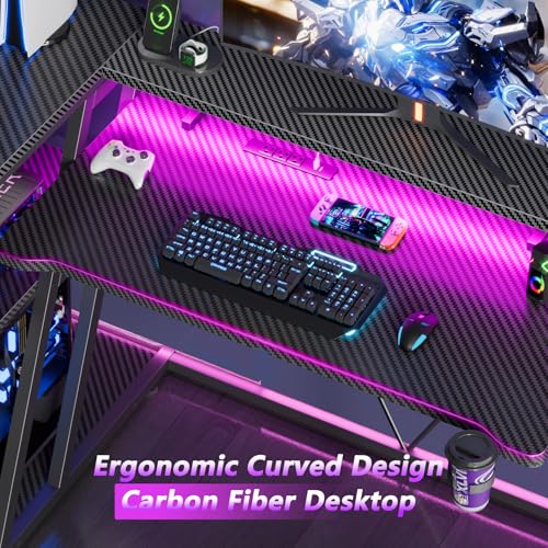 L Shaped Gaming Desk with Power Outlet and LED Lights Y52619