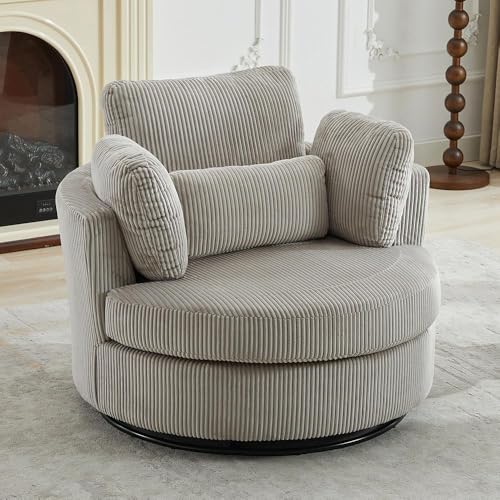 Oversized Swivel Barrel Chair with Ottoman, Chenille, Beige M813