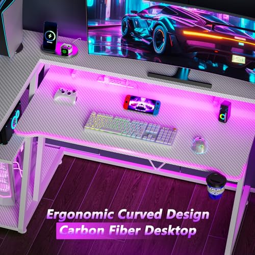 L Shaped Gaming Desk with Power Outlet and LED Lights Y52619