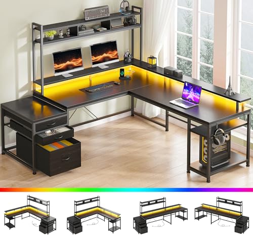 Large L Shaped Gaming Desk with Hutch and Drawers, 64" Reversible Computer Desk with Storage Shelves, Monitor Stand and LED Light for Home Office, Power Outlets, White V6783