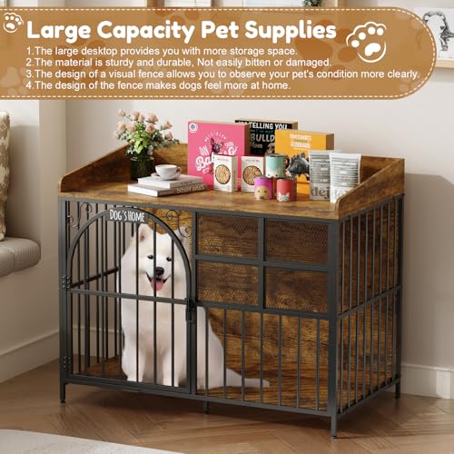 Large Dog Crate Furniture with Chew-Resistant Finish, Indoor Wooden Kennel with Storage N430
