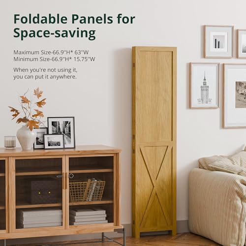Wood Room Divider, 4 Panel 66.9 Inch Folding Privacy Screen, Freestanding Partition L84708