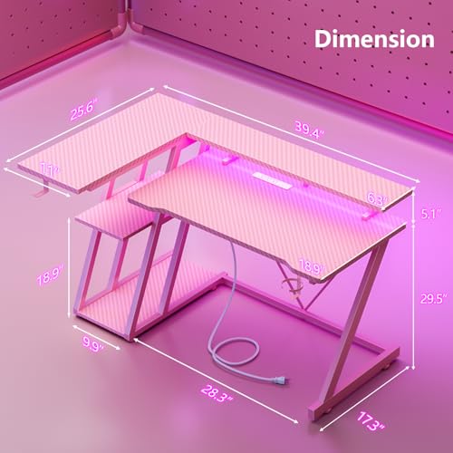 L Shaped Gaming Desk with Power Outlet and LED Lights Y52619