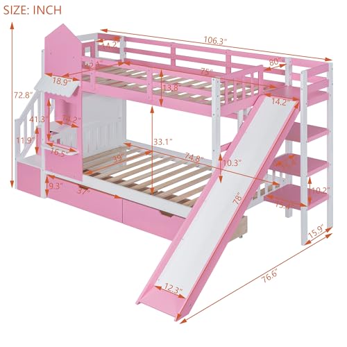 Twin Over Twin Bunk Bed with Stairs and Slide, Solid Wood Frame with Storage B8483