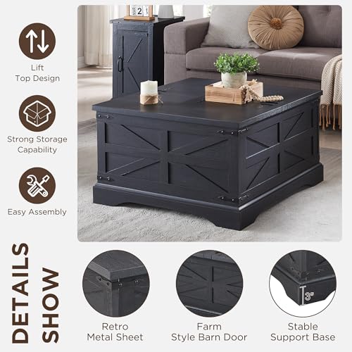Farmhouse Lift Top Coffee Table with Storage, 36" Wood Square Center Table, Light Brown V399