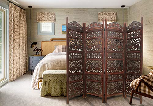 4 Panel Folding Wood Room Divider, Antique Brown, 72 x 80 P209