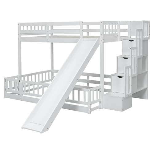 Twin Over Full Bunk Bed with Slide and Storage Staircase X183