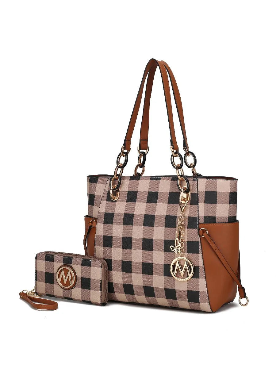 Checkered Tote Handbag with Wallet Z717