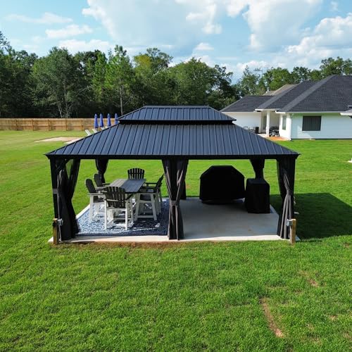 10' x 14' Permanent Hardtop Gazebo with Galvanized Steel Double Roof, Curtains and Netting Included M871