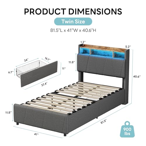 Twin Bed Frame with 2 Storage Drawers, Charging Station and LED Lights, Upholstered Platform Bed with Storage Headboard, No Box Spring Needed M8748