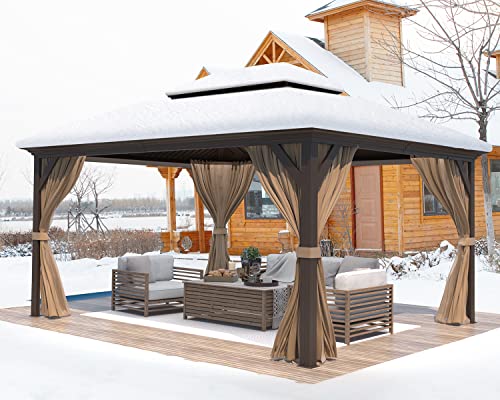 12x16 ft Hardtop Gazebo with Double Roof, Curtains and Netting T94173