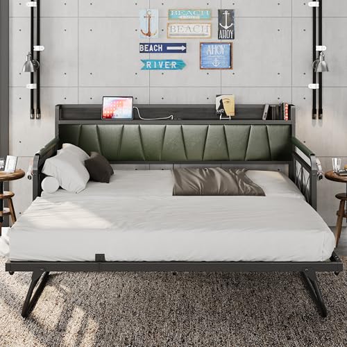 Daybed with Trundle Bed, Twin Bed Frame with Storage Headboard and Charging Station, Grey S3738