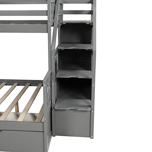 Twin Over Full Bunk Bed with Slide and Stairs for Kids I642