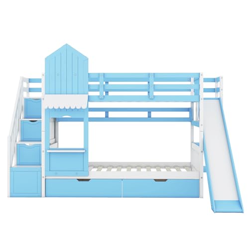 Kids Bunk Bed with Stairs and Slide, Twin Over Twin, Gray O540