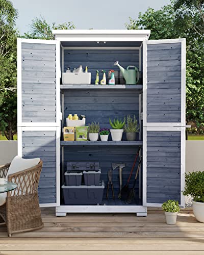 Outdoor Storage Cabinet with 3 Shelves, Double Lockable Wooden Garden Shed D368978