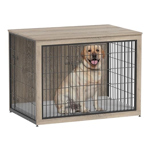 Dog Crate Furniture with Cushion, Heavy-Duty Metal Mesh, Wooden End Table with Double Doors, Indoor Kennel for Small Breed, Grey M3321
