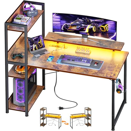 Reversible Gaming Desk with USB Charging Port and LED Lights, 40 Inch Computer Desk with Storage Shelves M571