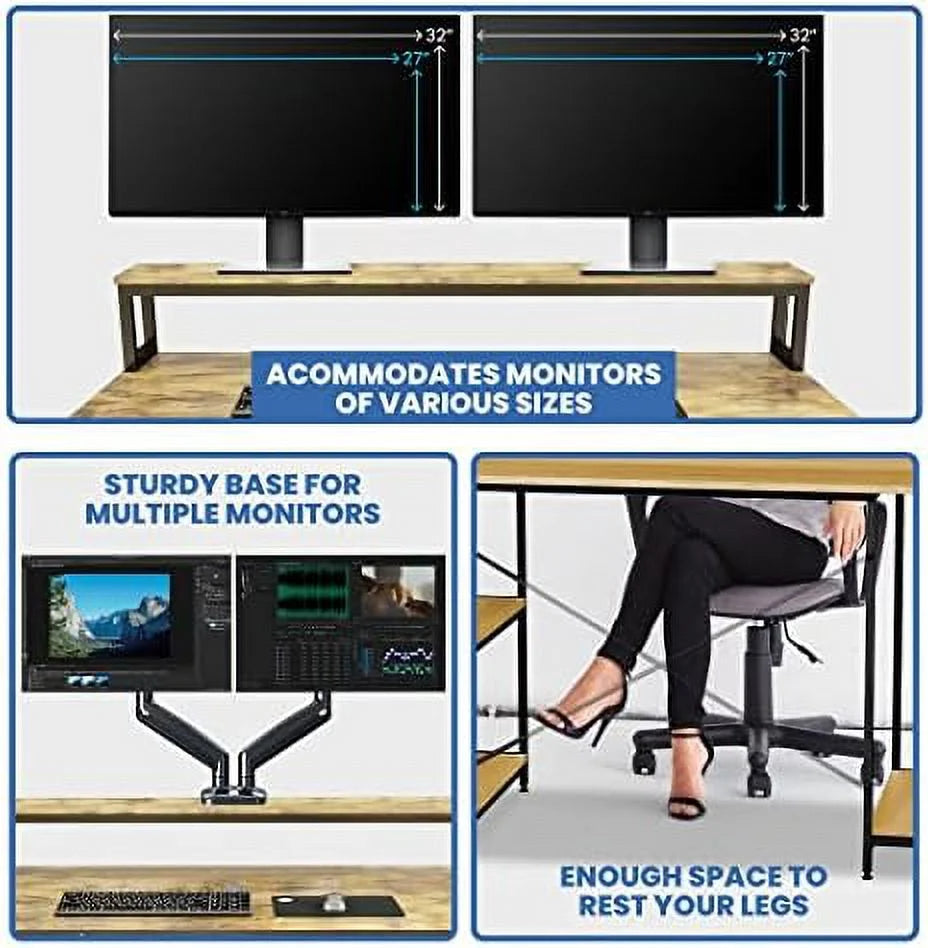 Industrial Computer Desk with Monitor Shelf, 55 Inch, Walnut and Black O381
