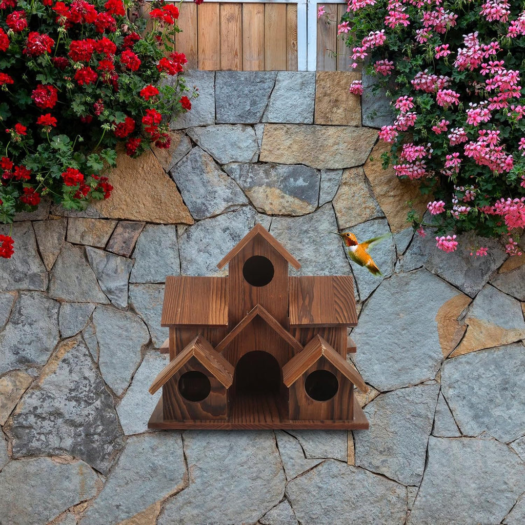 Wooden Bird House 6 Hole Hanging for Outdoor Patio Decor N2694