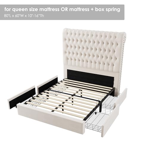 Velvet Upholstered King Bed Frame with Tall Headboard and Storage Drawers V8658