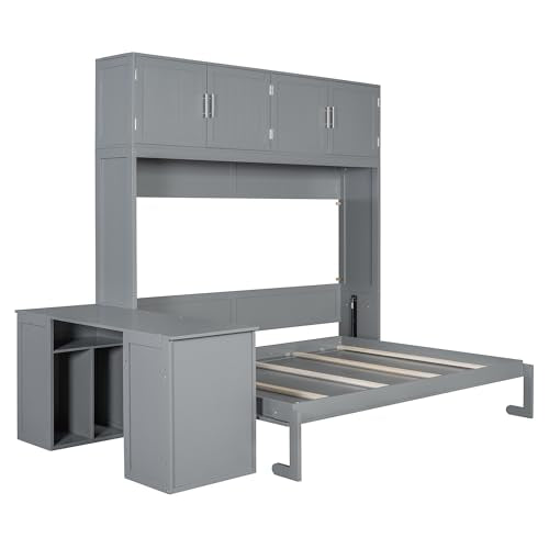 Twin Murphy Bed with Closet, Drawers & Desk, White Q211