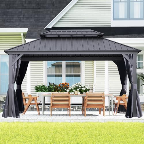 10 x 10 ft Hardtop Gazebo with Netting and Curtains, Galvanized Steel Roof for Patio K80436