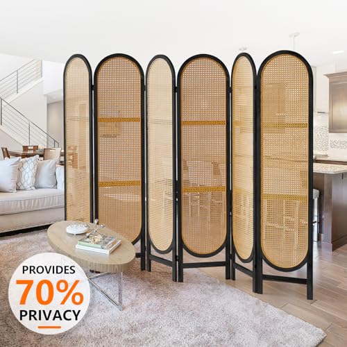 Foldable Wooden Room Divider, Hand-Woven Rattan Privacy Screen Q240970