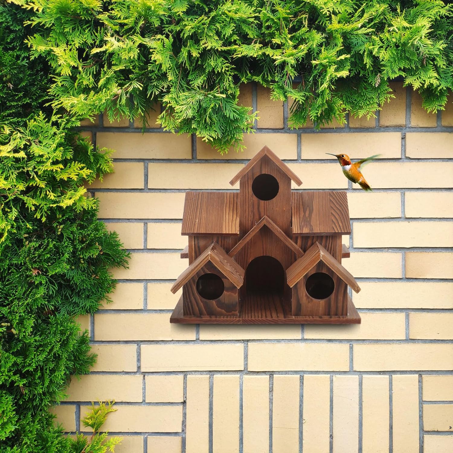 Wooden Bird House 6 Hole Hanging for Outdoor Patio Decor N2694