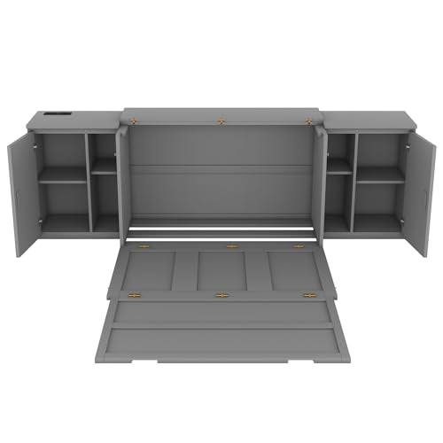 Murphy Bed Chest with Shelves and USB Ports, Foldable Wood Frame Y56482