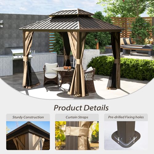 10 x 10 ft Hardtop Gazebo with Netting and Curtains, Galvanized Steel Roof for Patio K80436