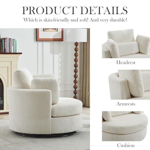 Oversized Swivel Barrel Chair with Ottoman, Chenille, Beige M813