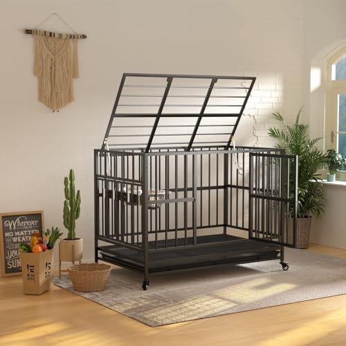 48" Heavy-Duty Dog Crate with Wheels, Air-Lift Top, Dual Adjustable Bowls V62929