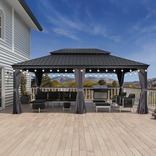 10' x 14' Permanent Hardtop Gazebo with Galvanized Steel Double Roof, Curtains and Netting Included M871