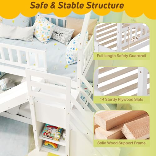 Twin Over Twin Bunk Bed with Slide & Stairs, Wood, White M692