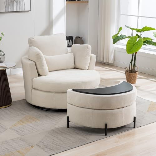Oversized Swivel Barrel Chair with Ottoman, Chenille, Beige M813