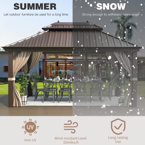 12x20 ft Hardtop Gazebo Double Roof Galvanized Steel Canopy Outdoor Aluminum Frame with Netting and Curtains X191579