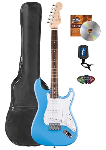Stratocaster Electric Guitar Bundle with Amplifier, Gig Bag, Strap, Cable, Picks, and DVD F102
