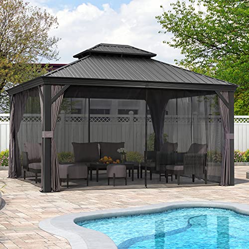 10' x 14' Permanent Hardtop Gazebo with Galvanized Steel Double Roof, Curtains and Netting Included M871
